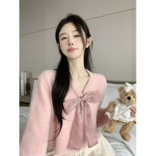 V领仿水貂蝴蝶结毛衣女秋冬甜美小个子短款开衫宽松外套粉色上衣