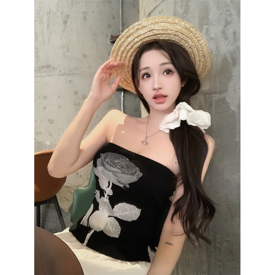 美式复古玫瑰印花抹胸背心性感露肩纯欲辣妹独特紧身显瘦露脐上衣