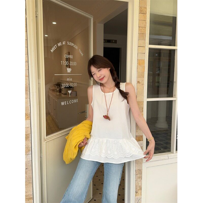 法式双层蛋糕蕾丝边吊带背心女中长款下摆拼接打底衫叠穿无袖上衣