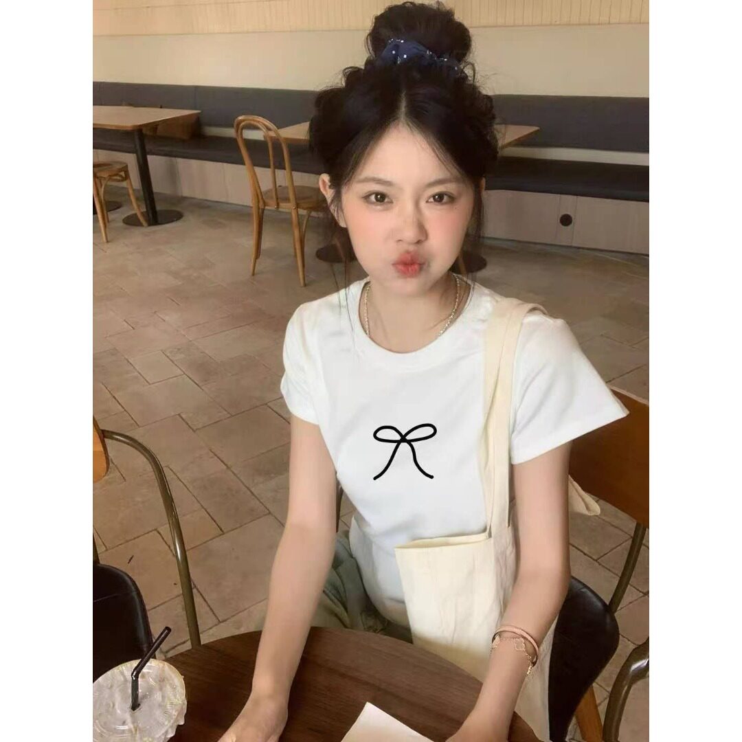 黑色短款蝴蝶结正肩短袖t恤女夏季2026新款小个子修身体恤上衣夏