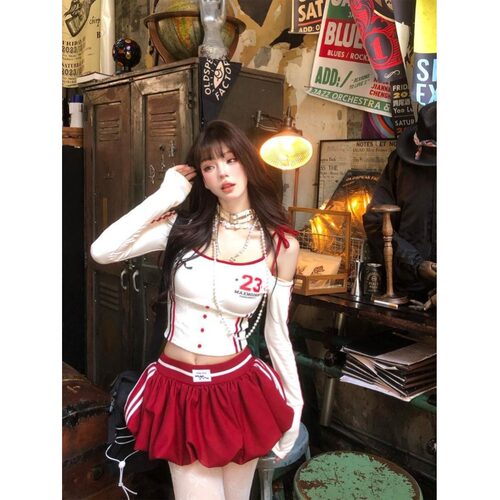 轻奢校园甜心 美式绑带T恤女初秋长袖露脐显瘦露肩甜辣chic上衣