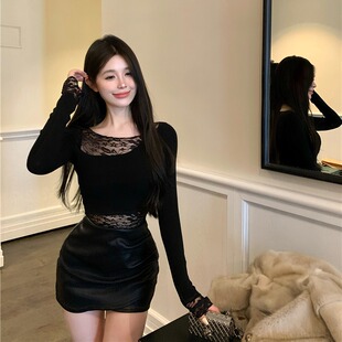 蕾丝拼接斜肩打底衫喇叭长袖T恤女冬季黑色性感修身短款内搭上衣