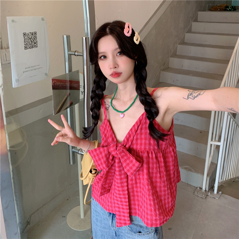 蝴蝶结格子小吊带背心女夏季宽松潮ins设计感小众甜辣妹无袖上衣