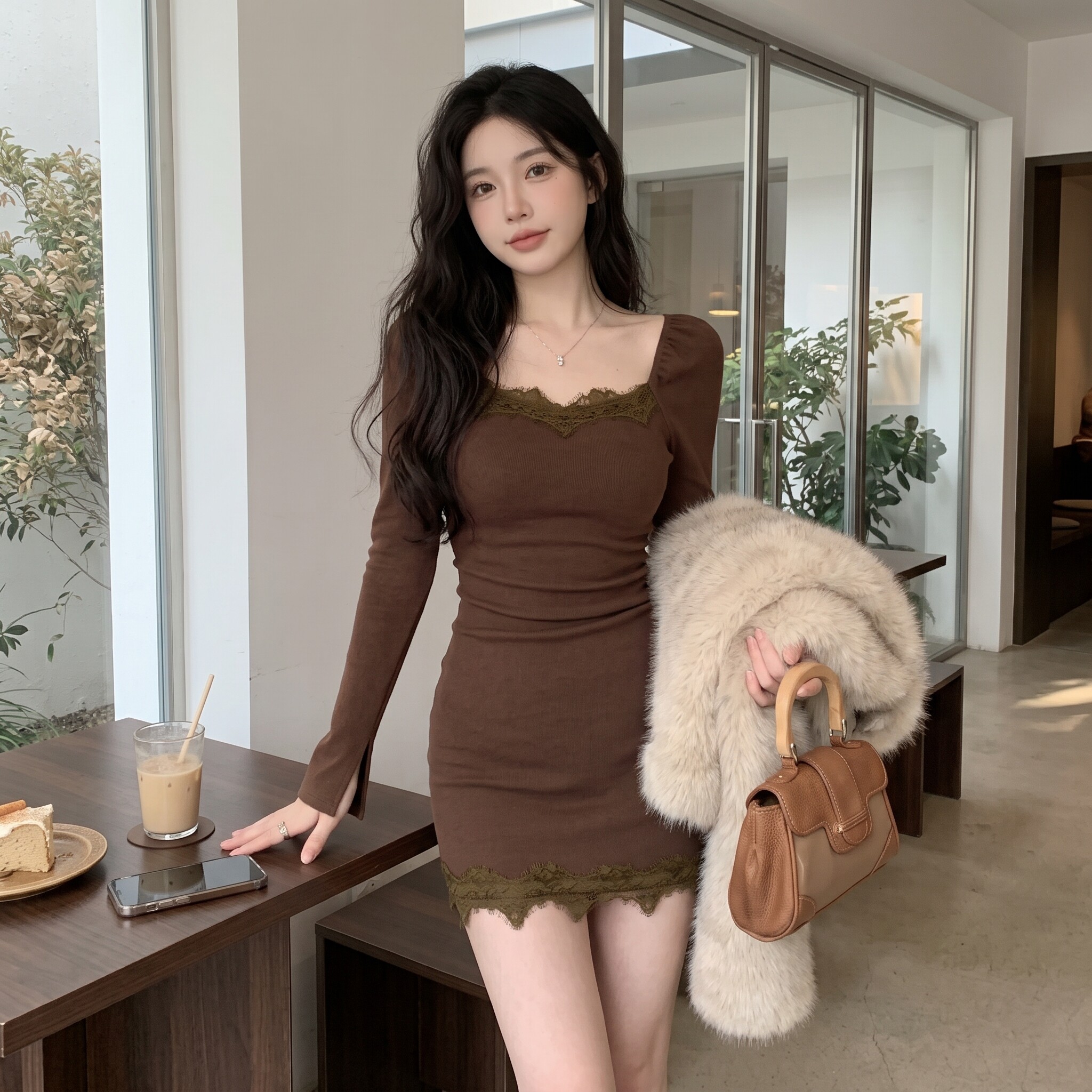 秋季茶系蕾丝方领包臀连衣裙