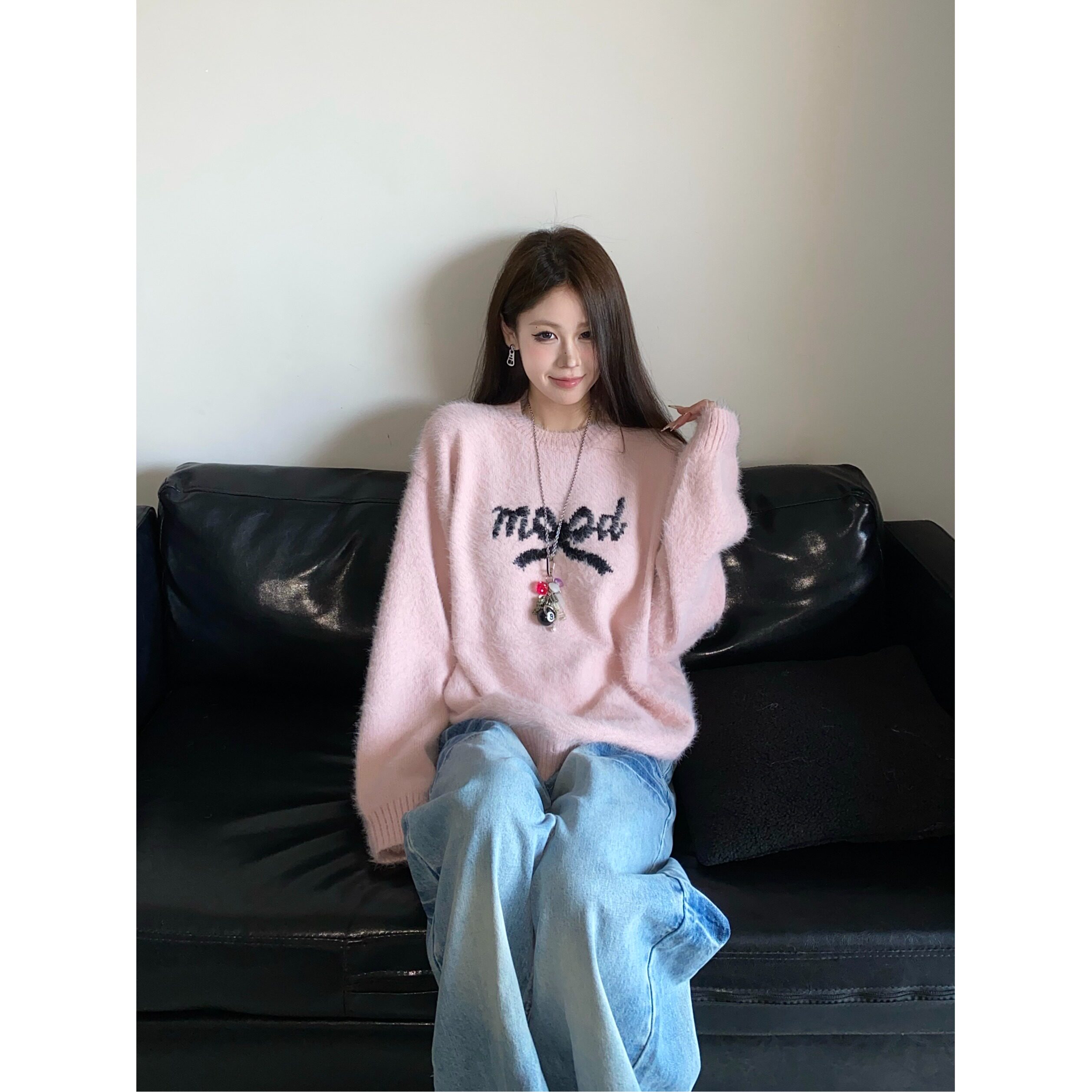 甜美粉色蝴蝶结慵懒风毛衣女秋冬