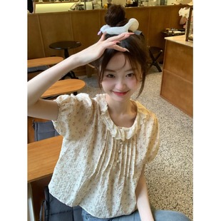 韩系小清新百搭减龄碎花花边娃娃领衬衫 上衣 女夏季 褶皱雪纺娃娃衫