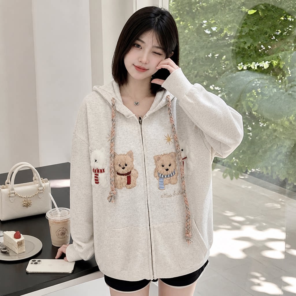 复古毛绒小狗连帽开衫卫衣女
