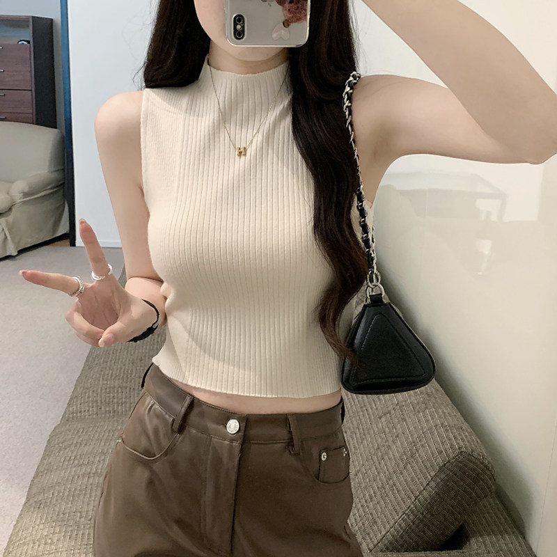 夏季半高领修身短款针织背心女