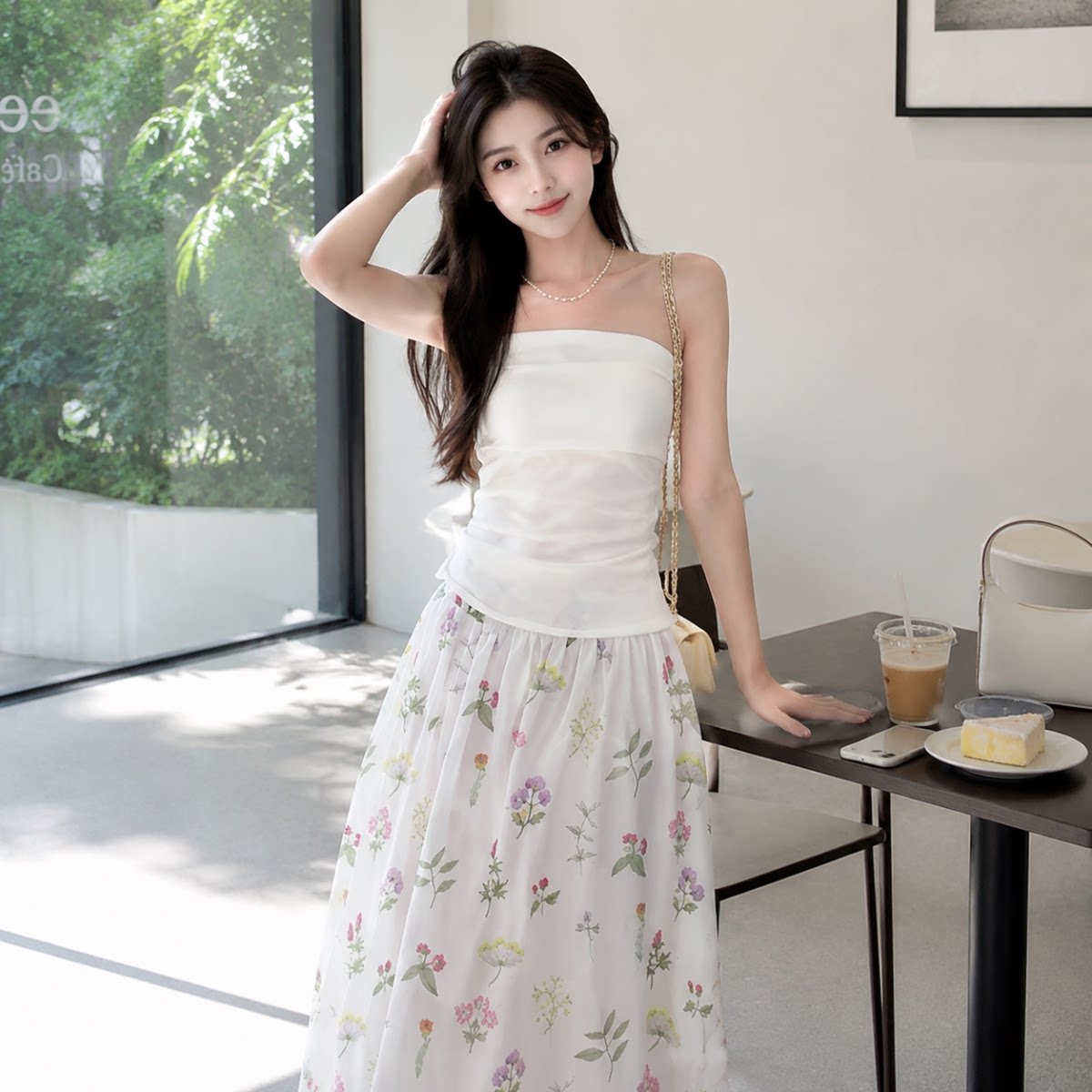 2026夏季法式抹胸碎花两件套女