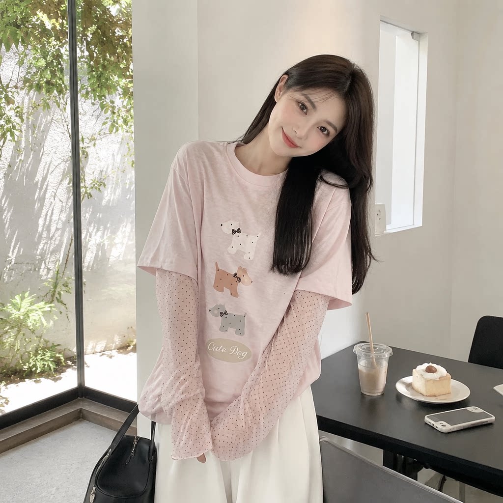春秋雪花棉小狗印花长袖T恤女