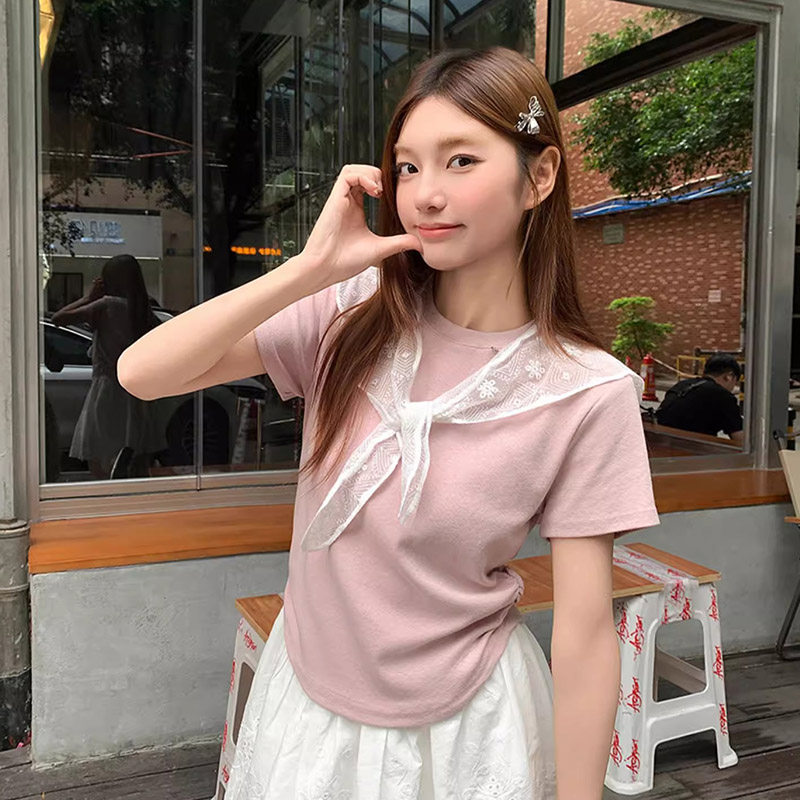 蕾丝披肩圆领短袖t恤女2026夏季新款设计感褶皱收腰显瘦短款上衣