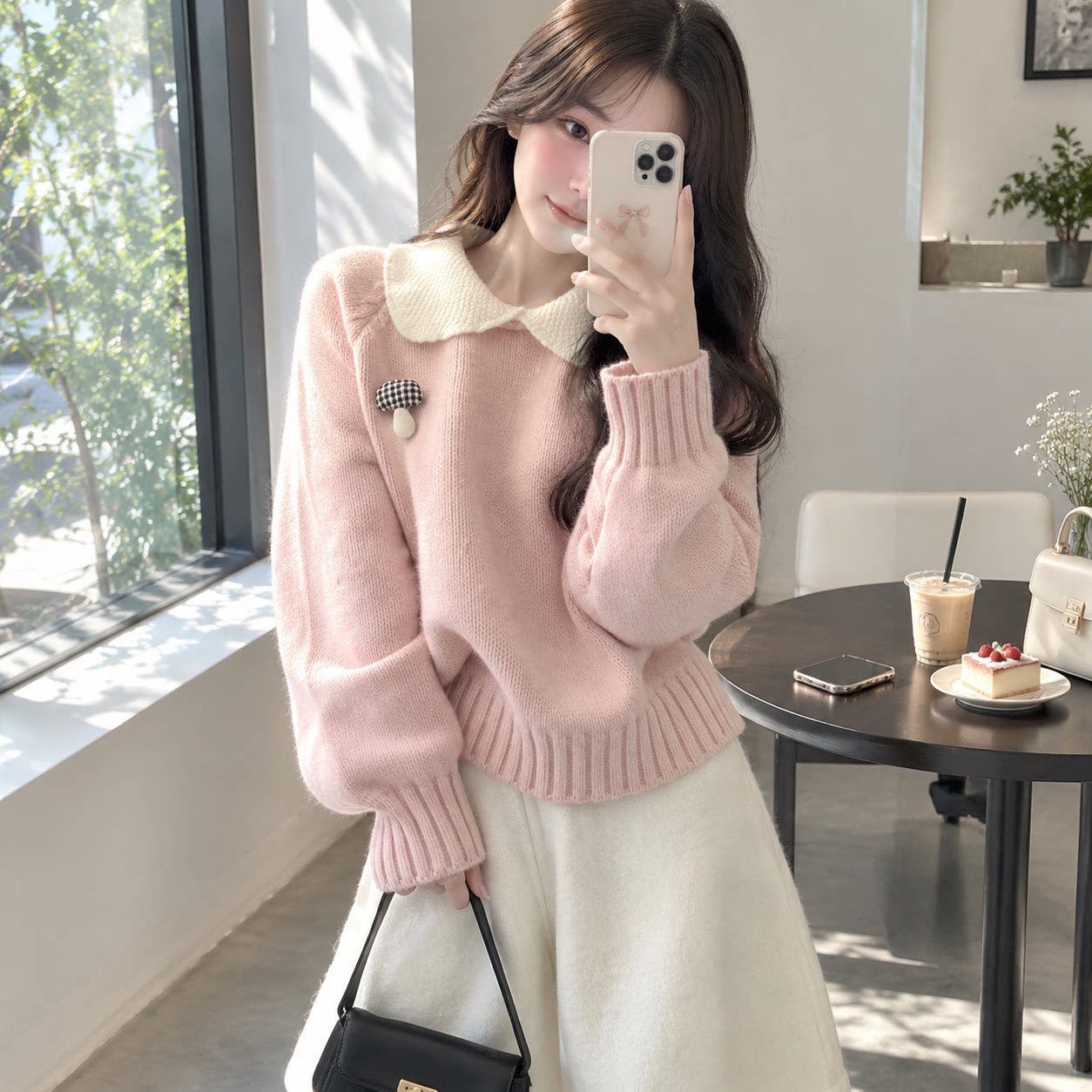 冬季甜美淑女小翻领显瘦针织衫