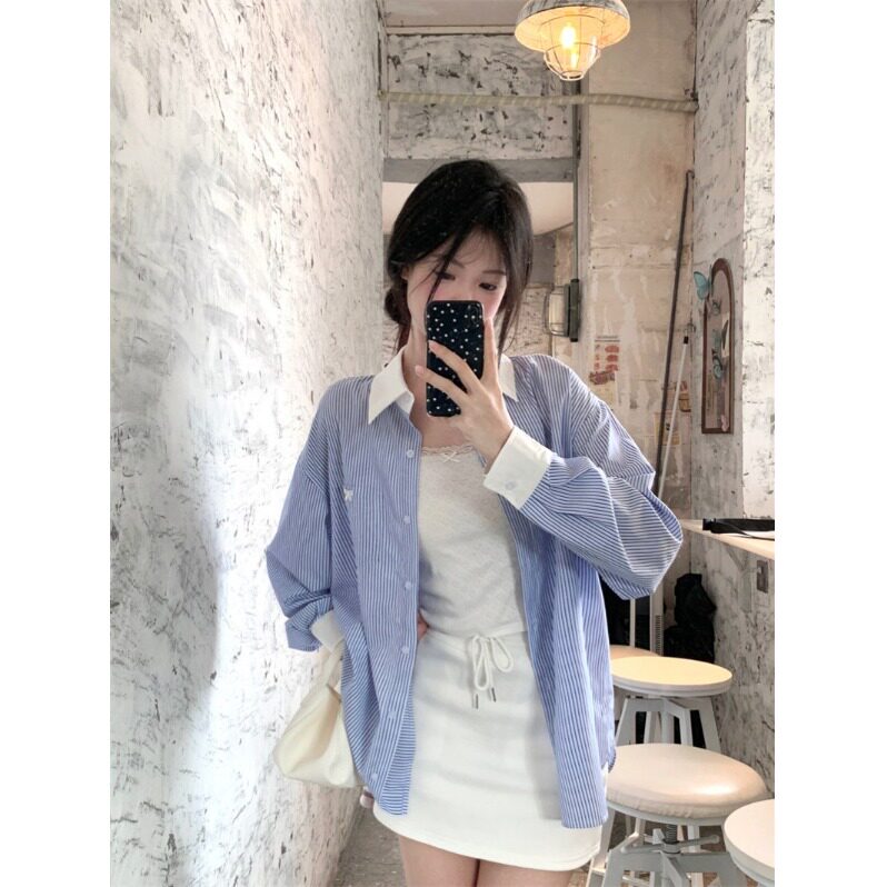 蓝白条纹蝴蝶结刺绣宽松衬衫女