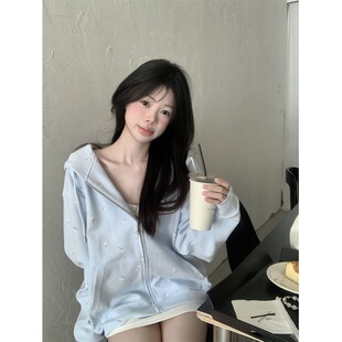 高级感宽松拉链开衫外套女2025秋冬新款慵懒风甜美粉色连帽卫衣女