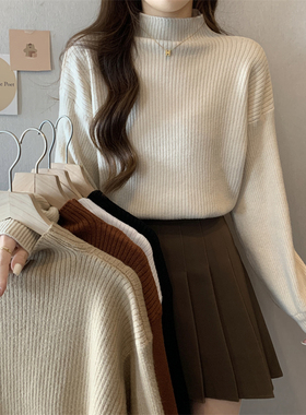 春秋新款洋气灯笼袖打底针织衫薄款百搭半高领内搭保暖长袖上衣女