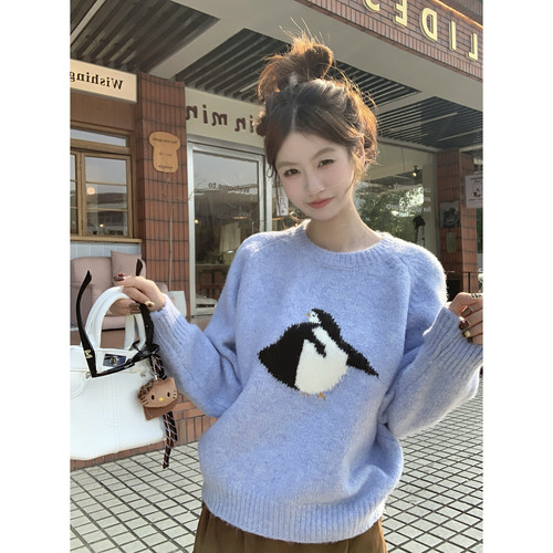 秋冬慵懒风企鹅刺绣宽松毛衣女