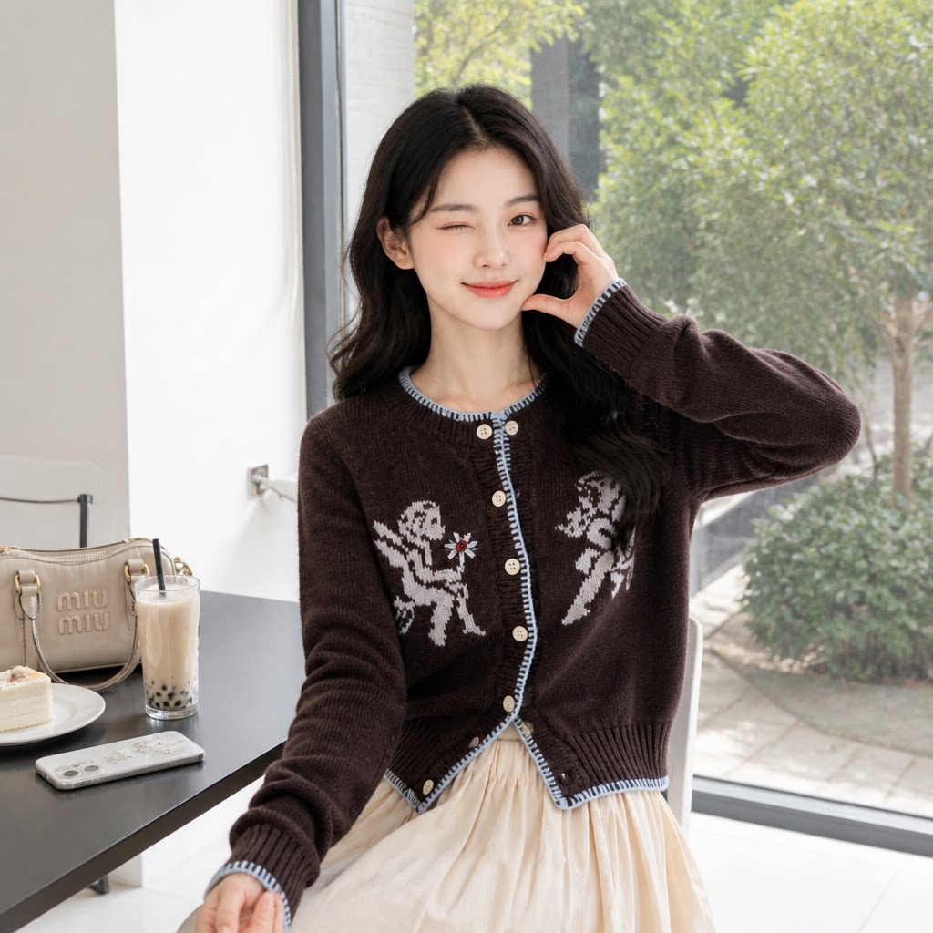 美拉德咖色提花针织开衫女宽松