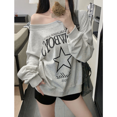 美式复古斜肩卫衣女春季新款