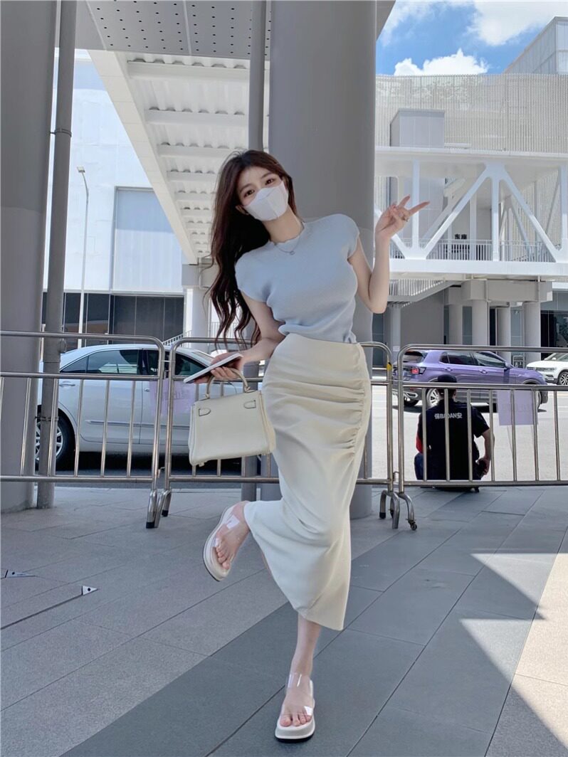 时尚套装2026夏季新款蓝色短袖纯欲风开叉包臀高腰半身女裙两件套