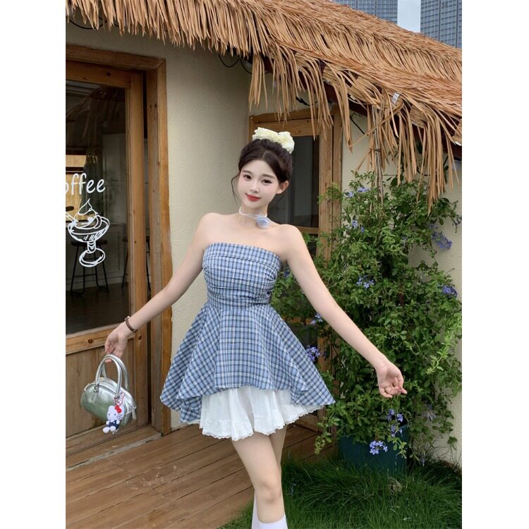 夏季格子抹胸背心不规则褶皱修身