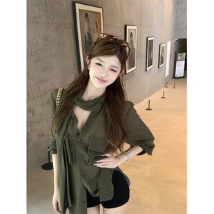 超仙上衣 女秋高级感超出片显瘦薄款 性感纯欲绿色飘带长袖 雪纺衬衫