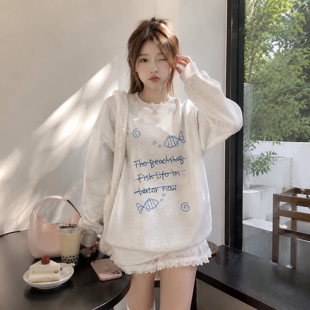 韩系渔趣印花加绒宽松卫衣女