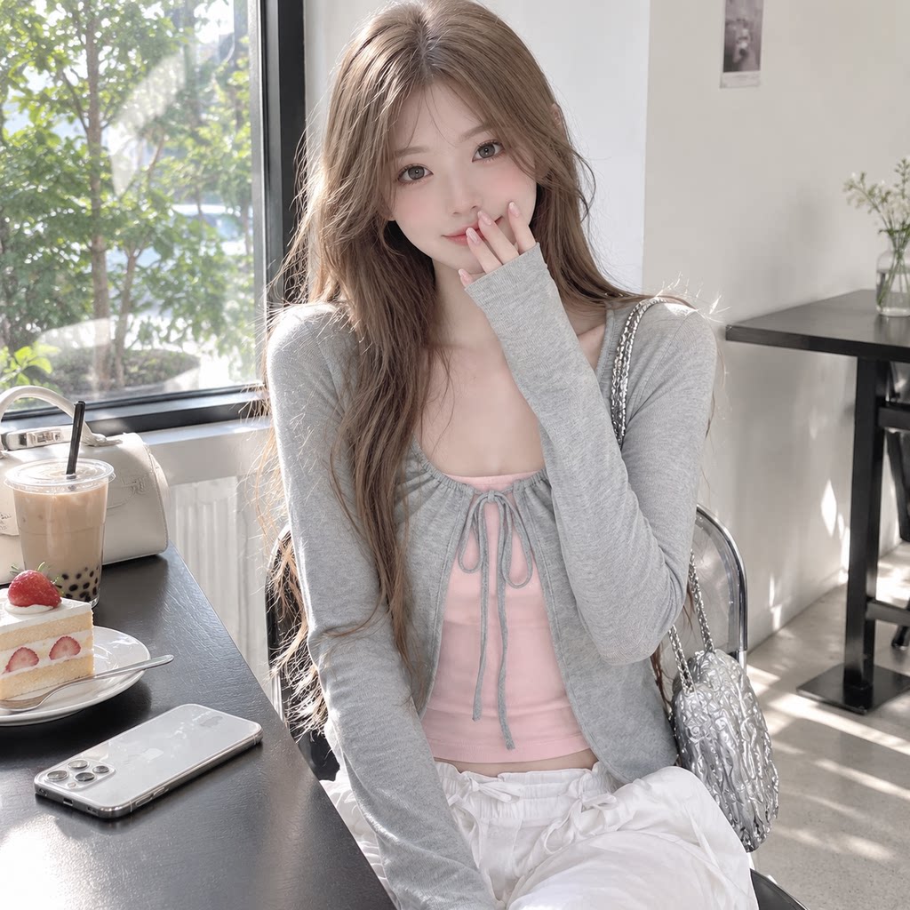 秋季韩系修身拼色系带长袖T恤女