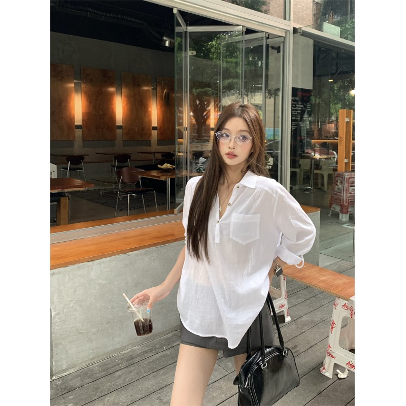 纯色衬衫女春季长袖设计感小众