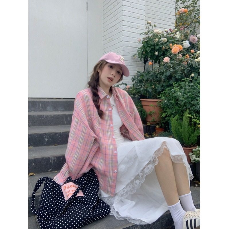 学院慵懒松弛感粉色格子长袖衬衫女大码甜美韩版宽松防晒外套上衣,女装/女士精品,衬衫,淘宝优惠券,粉丝福利购,淘宝优惠卷