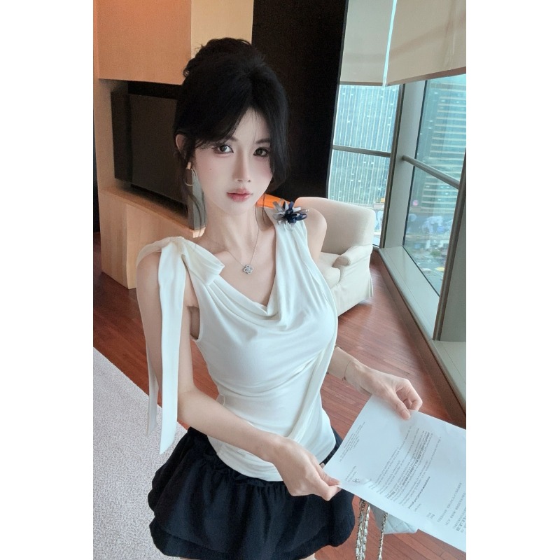 法式白色荡领吊带小背心女夏季设计感系带短款甜辣妹外穿无袖上衣