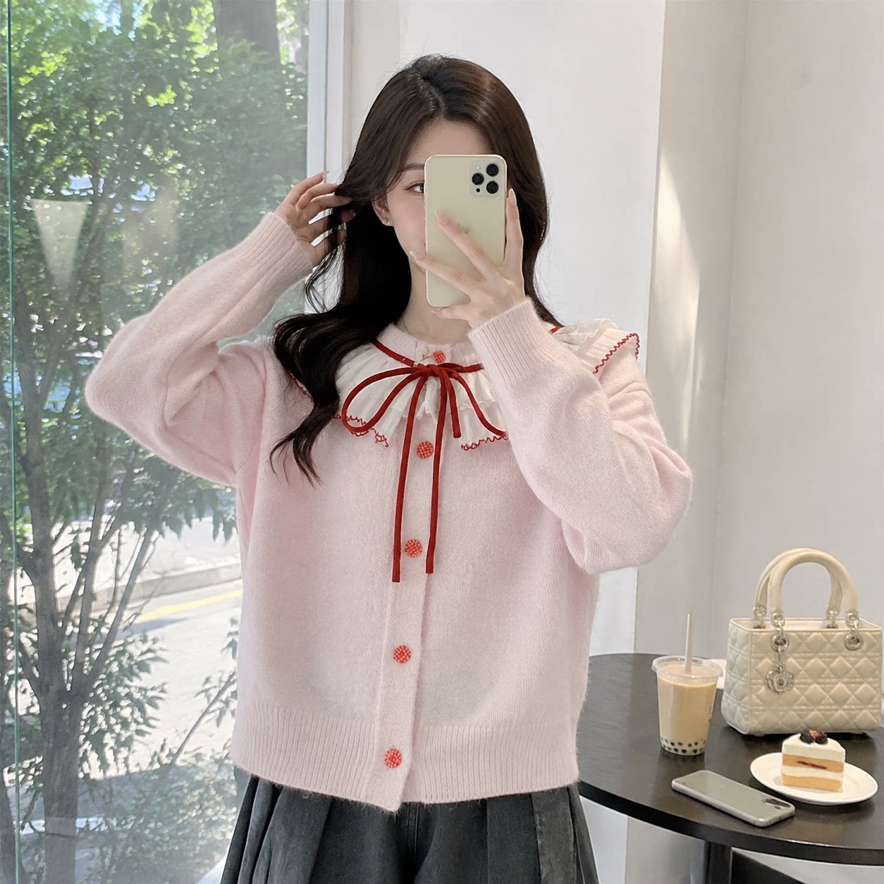 秋冬韩系甜美蕾丝绑带针织开衫