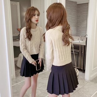 2025春秋新款网红慵懒风短款麻花毛衣女很仙的纯色套头针织打底衫