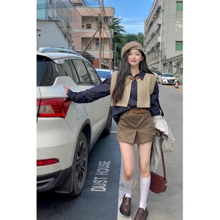 两件套装别致牛角扣针织开衫设计感马甲背心女叠穿复古牛仔衬衫潮