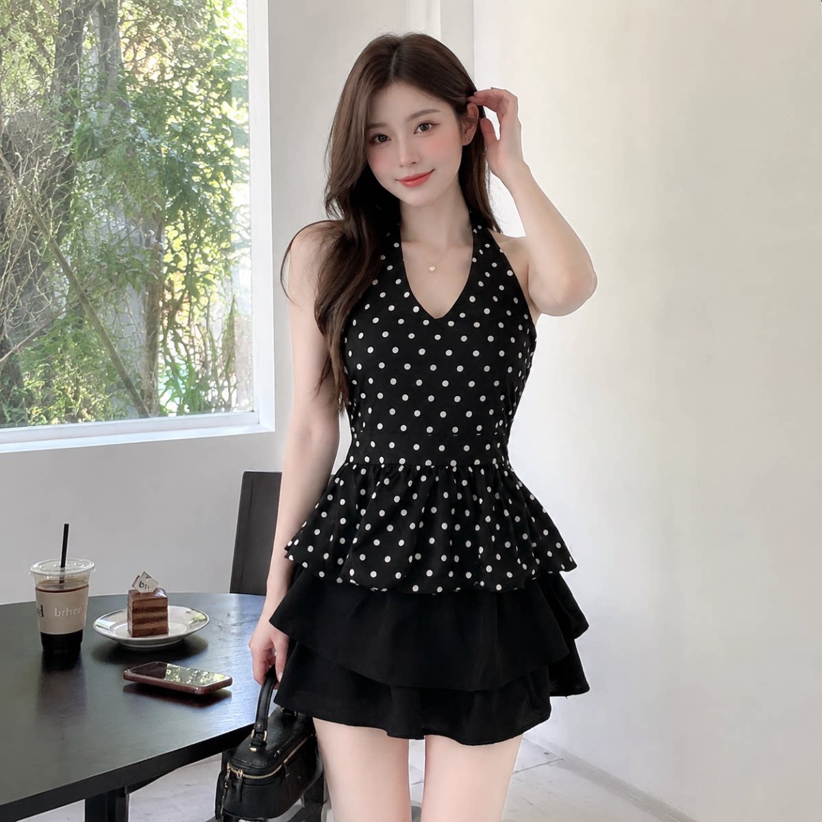 夏季波点挂脖吊带防走光套装