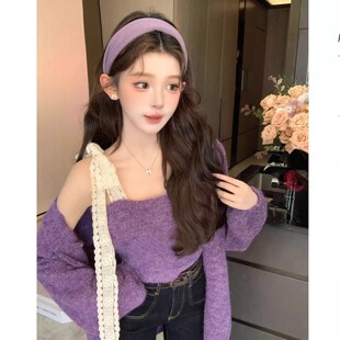 巨好看韩系早秋穿搭一整套紫色毛衣开衫吊带背心上衣两件套装