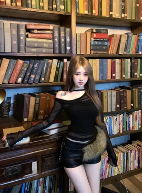 长袖打底衫女内搭秋季新款微透性感辣妹露肩斜肩上衣女装