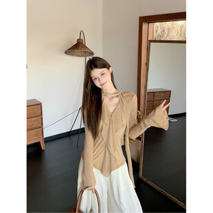 法式气质飘带绝美衬衫秋季薄款设计感修身长袖荷叶边V领上衣