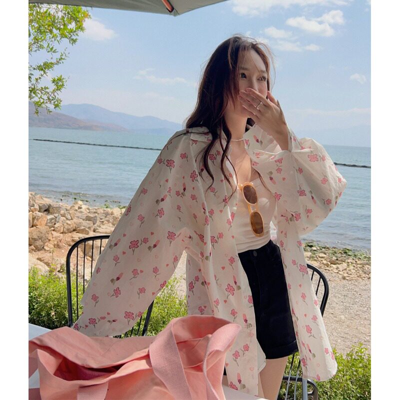 清新甜美碎花长袖衬衫外套夏季早春休闲薄款学生宽松显瘦百搭衬衣