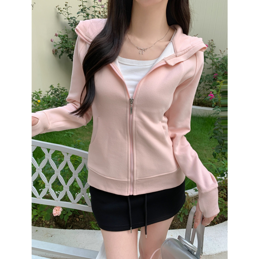 粉色甜美修身外套美式收腰拉链开衫显瘦连帽春秋款卫衣运动上衣女