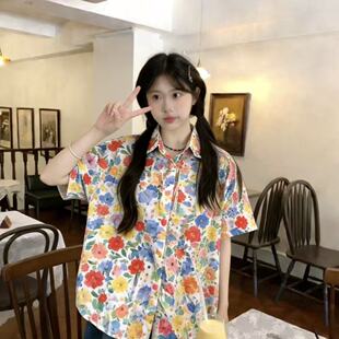 碎花衬衣衬衫复古港风夏季宽松设计新款感小众沙滩印花短袖上衣