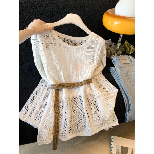 废土风镂空斜肩防晒针织罩衫