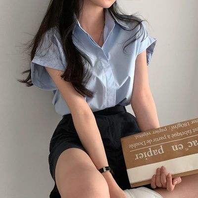 韩版chic夏季气质休闲简洁时尚百搭暗扣设计翻领卷边短袖衬衫上衣