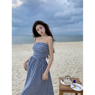 春秋2025新款带口袋抹胸裙时尚收腰格子长裙高级感气质连衣裙女装
