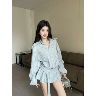 早秋法式polo领蓝色条纹长袖衬衫女设计感收腰宽松绝美中长款上衣