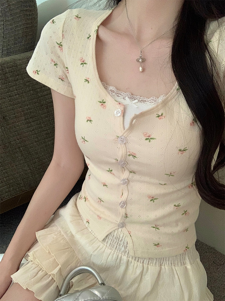 韩系温柔风碎花纯欲短袖t恤女夏季辣妹短款甜美掐腰短款修身上衣