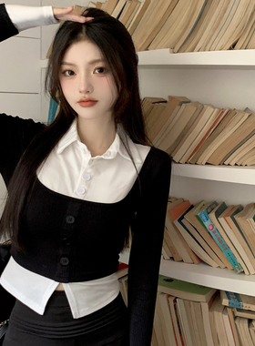 大码假两件polo领长袖t恤女春季韩版胖mm紧身设计感短款独特上衣