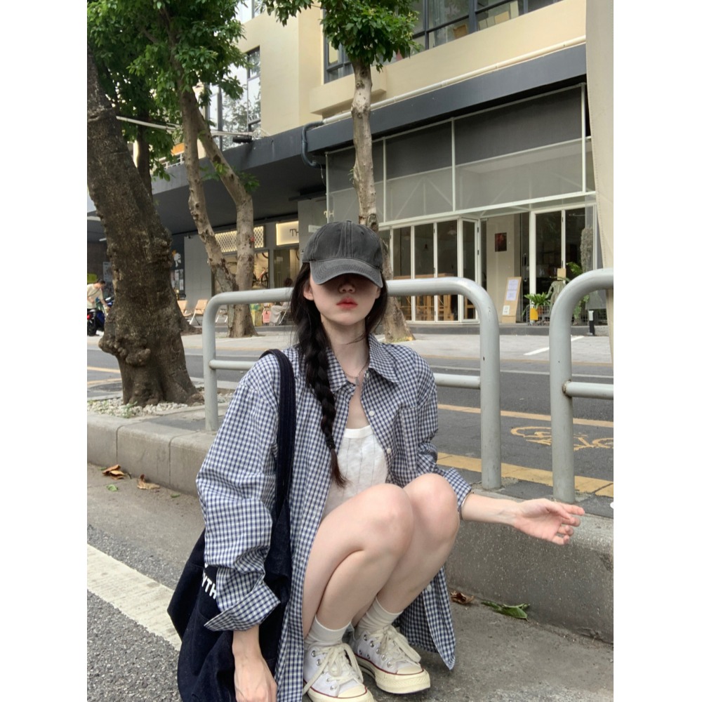 蓝色格子衬衫女夏季polo领长袖衬衣美式复古宽松休闲防晒薄款外套