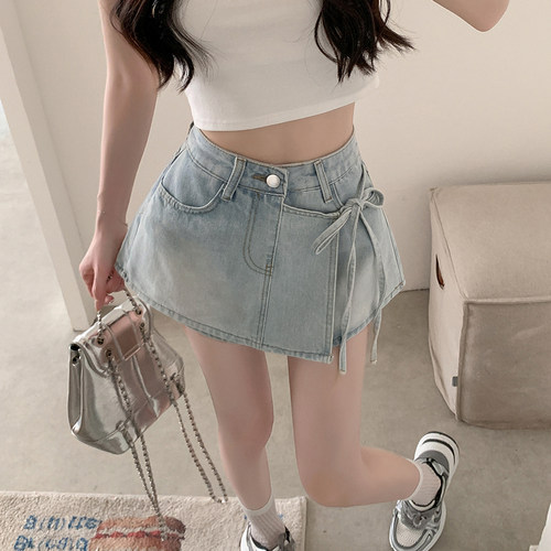 假两件牛仔短裤女夏季A字高腰不规则洋气绑带裙裤小个子辣妹裤子