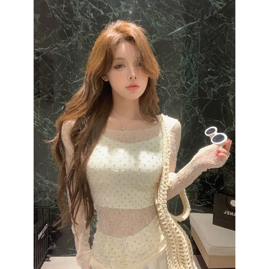 重工烫钻蕾丝镂空圆领长袖T恤女夏季设计感内搭辣妹修身透视上衣