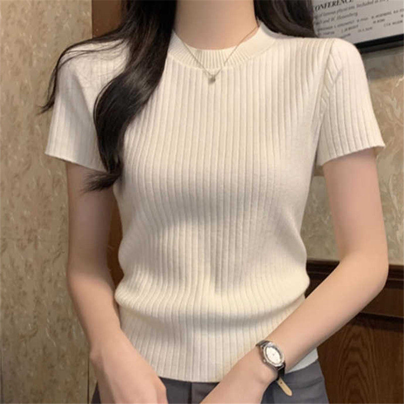 白色冰丝针织衫短袖女夏季薄款修身百搭气质减龄短款正肩T恤上衣